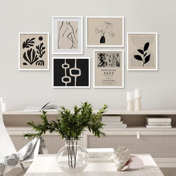 PixonSign Framed Canvas Print Wall Art Set - Duotone Black Geometric and Plant & Humanities Pattern Poster - Set of 6 Abstract Artwork Minimalism Cultural Art Wall Décor - 8"x10"x6 White