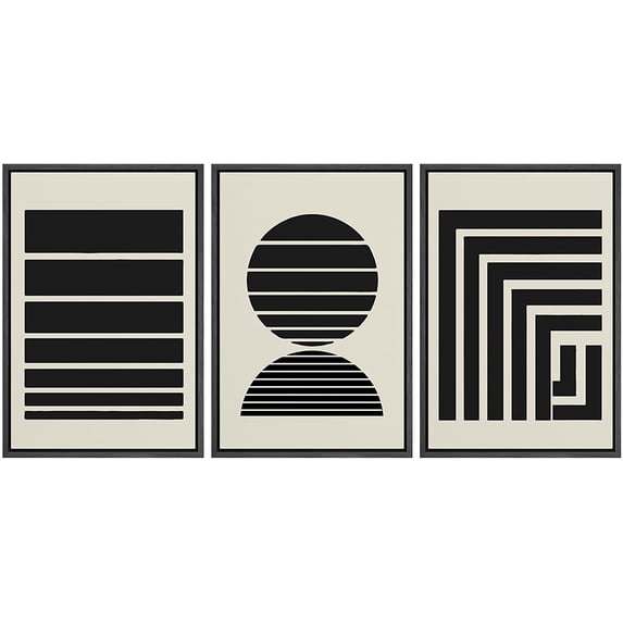PixonSign Framed Canvas Print Wall Art Set Duotone Dark Geometric Circle Square Stripes Abstract Shapes Illustrations Modern Art Boho Decorative for Living Room, Bedroom, Office - 24"x36"x3 BLACK