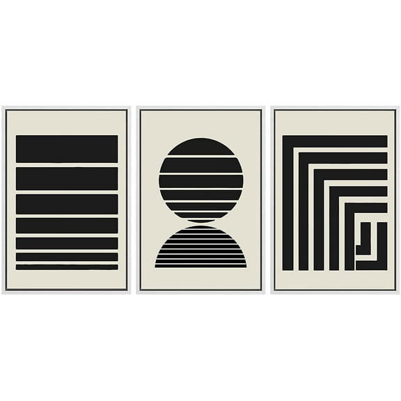 PixonSign Framed Canvas Print Wall Art Set Duotone Dark Geometric Circle Square Stripes Abstract Shapes Illustrations Modern Art Boho Decorative for Living Room, Bedroom, Office - 16"x24"x3 WHITE