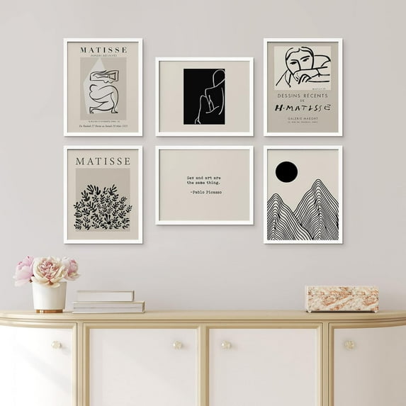 PixonSign Framed Canvas Print Wall Art Set - Duotone Dark Mountain Matisse & Humanities Pattern - Set of 6 Abstract Geometric Poster Cultural Art Wall Décor - 11"x14"x6 White