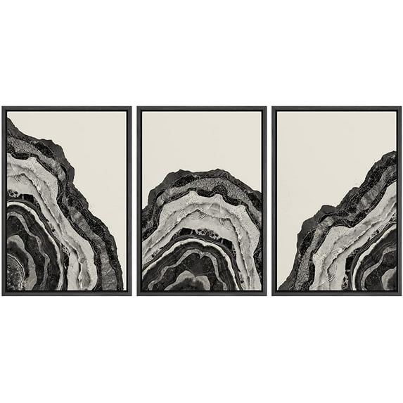 PixonSign Framed Canvas Print Wall Art Set Duotone Geometric Gemstone Spiral Circle Rings Abstract Shapes Illustrations Modern Art Boho Decorative for Living Room, Bedroom, Office - 16"x24"x3 BLACK