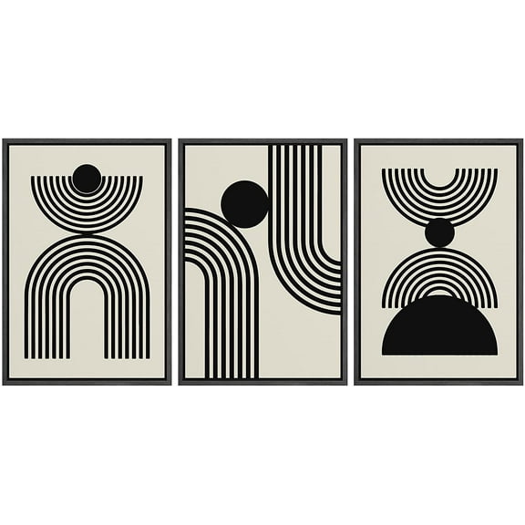 PixonSign Framed Canvas Print Wall Art Set Duotone Geometric Mid-Century Stripe Circles Abstract Shapes Illustrations Modern Art Boho Decorative for Living Room, Bedroom, Office - 16"x24"x3 BLACK