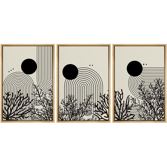 PixonSign Framed Canvas Print Wall Art Set Duotone Geometric Ring Forest Plant Landscape Abstract Shapes Illustrations Modern Art Boho Decorative for Living Room, Bedroom, Office - 16"x24"x3 NATURAL