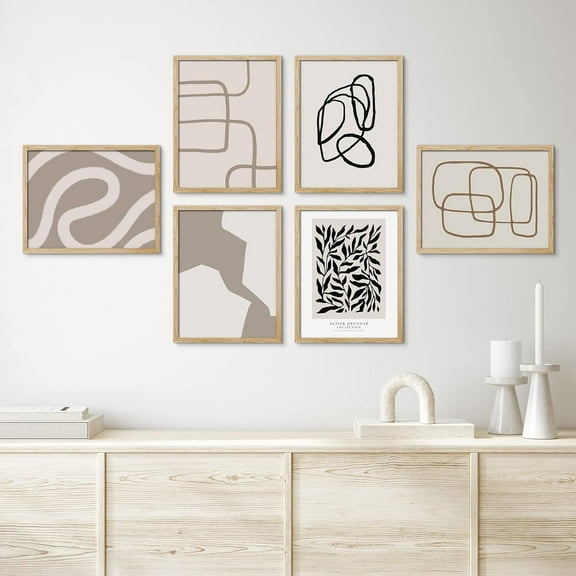 PixonSign Framed Canvas Print Wall Art Set - Duotone Gray Paint Stroke & Plants - Set of 6 Abstract Geometric Minimalism Poster Cultural Art Wall Décor - 8"x10"x6 Natural