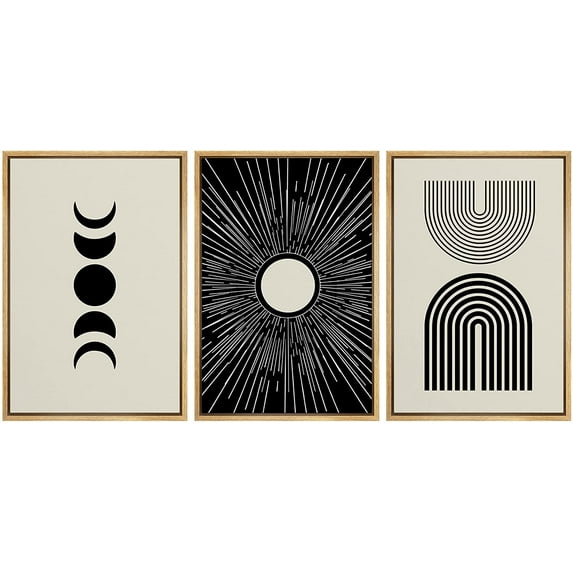 PixonSign Framed Canvas Print Wall Art Set Duotone Mid-Century Geometric Crescent Moon Abstract Shapes Illustrations Modern Art Boho Decorative for Living Room, Bedroom, Office - 16"x24"x3 NATURAL