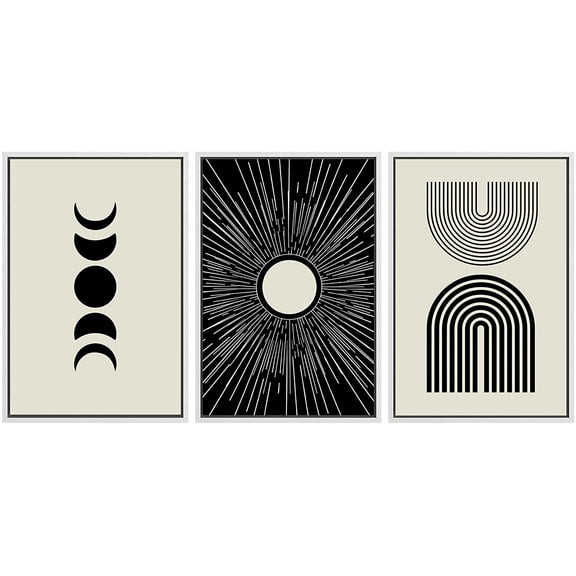 PixonSign Framed Canvas Print Wall Art Set Duotone Mid-Century Geometric Crescent Moon Abstract Shapes Illustrations Modern Art Boho Decorative for Living Room, Bedroom, Office - 24"x36"x3 WHITE