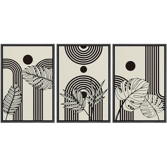 PixonSign Framed Canvas Print Wall Art Set Duotone Mid-Century Geometric Tropical Plants Abstract Shapes Illustrations Modern Art Boho Decorative for Living Room, Bedroom, Office - 16"x24"x3 BLACK