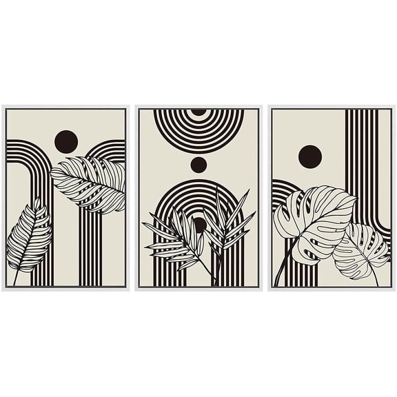 PixonSign Framed Canvas Print Wall Art Set Duotone Mid-Century Geometric Tropical Plants Abstract Shapes Illustrations Modern Art Boho Decorative for Living Room, Bedroom, Office - 16"x24"x3 WHITE