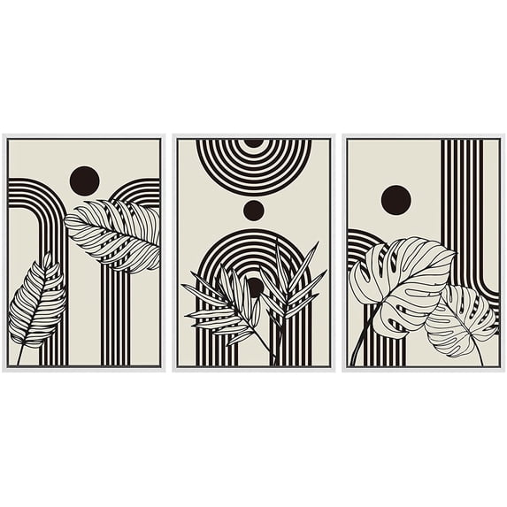 PixonSign Framed Canvas Print Wall Art Set Duotone Mid-Century Geometric Tropical Plants Abstract Shapes Illustrations Modern Art Boho Decorative for Living Room, Bedroom, Office - 16"x24"x3 WHITE