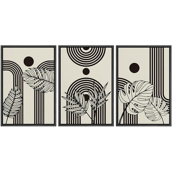 PixonSign Framed Canvas Print Wall Art Set Duotone Mid-Century Geometric Tropical Plants Abstract Shapes Illustrations Modern Art Boho Decorative for Living Room, Bedroom, Office - 24"x36"x3 BLACK