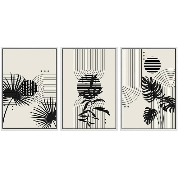 PixonSign Framed Canvas Print Wall Art Set Duotone Mid-Century Tropical Plant Variety Abstract Shapes Illustrations Modern Art Boho Decorative for Living Room, Bedroom, Office - 16"x24"x3 WHITE