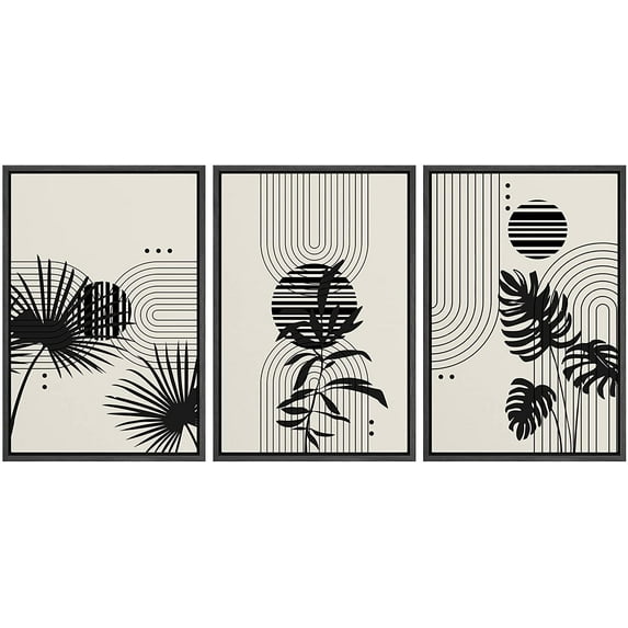 PixonSign Framed Canvas Print Wall Art Set Duotone Mid-Century Tropical Plant Variety Abstract Shapes Illustrations Modern Art Boho Decorative for Living Room, Bedroom, Office - 16"x24"x3 BLACK