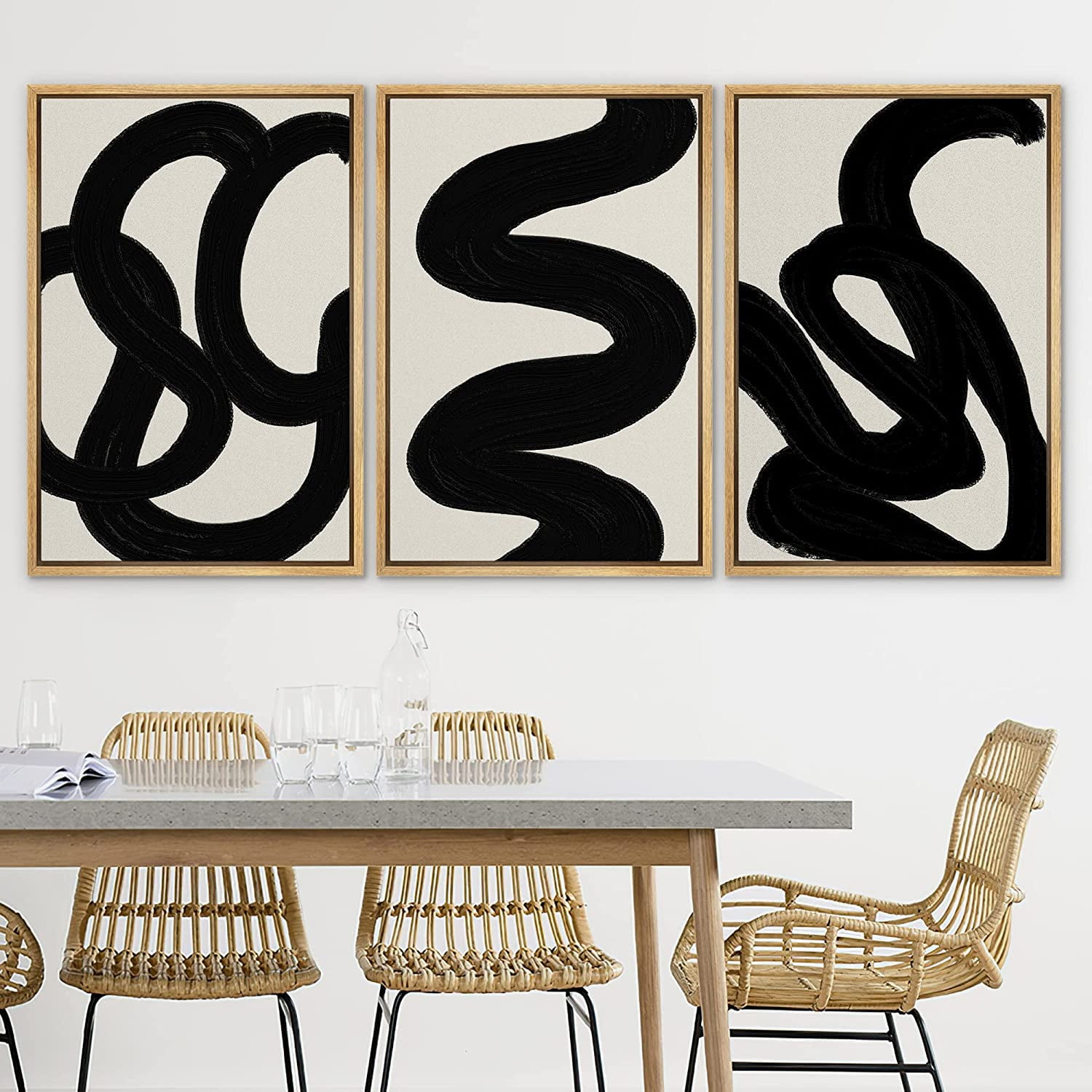 Modern Black Brush Stroke Abstract Canvas Art Set with Natural Frame