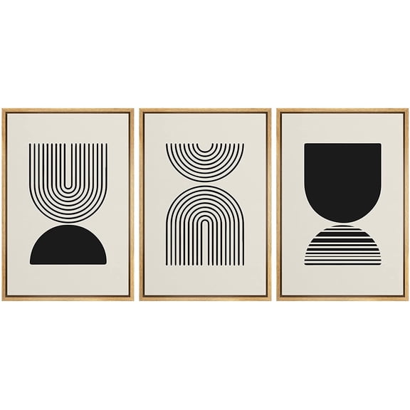 PixonSign Framed Canvas Print Wall Art Set Duotone Minimal Geometric Striped Figures Abstract Shapes Illustrations Modern Art Boho Decorative for Living Room, Bedroom, Office - 16"x24"x3 NATURAL
