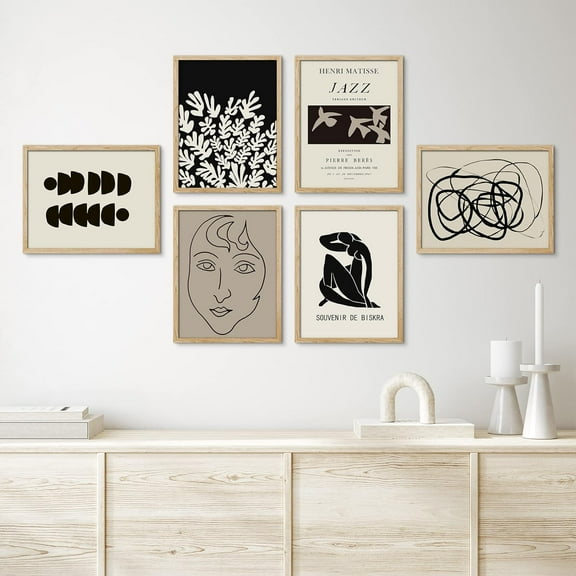 PixonSign Framed Canvas Print Wall Art Set - Duotone Portrait Botanical & Humanities Pattern - Set of 6 Abstract Geometric Minimalism Poster Cultural Art Wall Décor - 8"x10"x6 Natural
