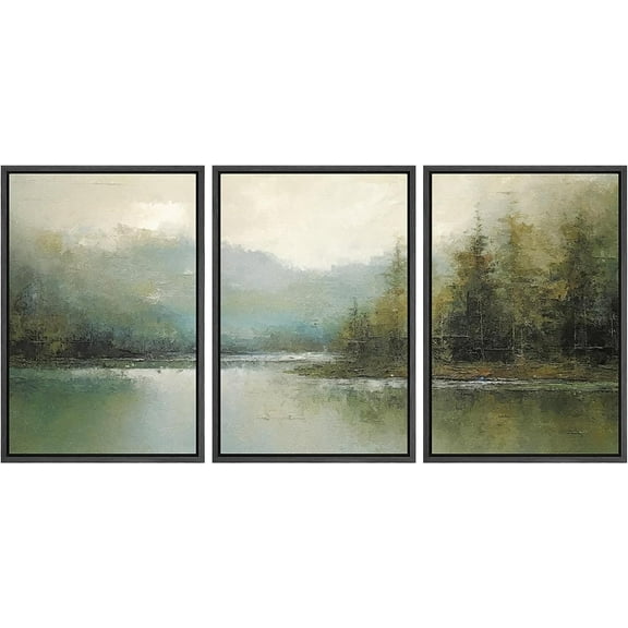 PixonSign Framed Canvas Print Wall Art Set Emerald Green Pastel Pine Tree Forest Nature Wilderness Illustrations Modern Art Decorative Rustic Relax/Calm Colorful for Bedroom - 24"x36"x3 Black