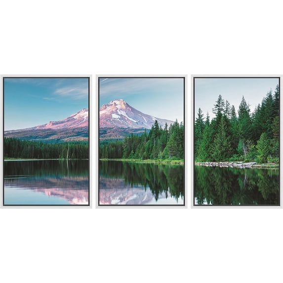 PixonSign Framed Canvas Print Wall Art Set Emerald Green Pine Tree Forest Mountain Range Reflection Country Landscape Nature Wilderness Modern Decorative Calm/Relax - 16"x24"x3 White