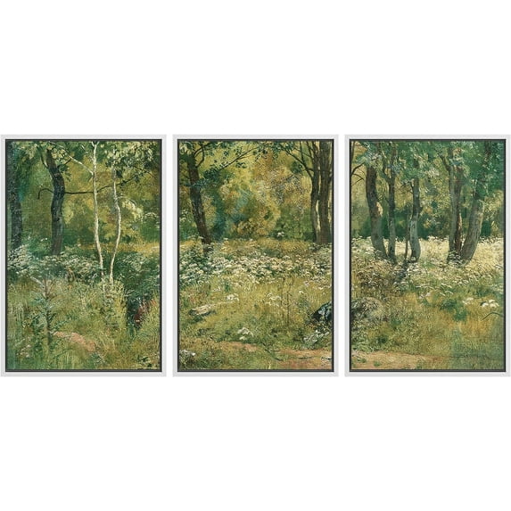 PixonSign Framed Canvas Print Wall Art Set Emerald Green Tree Forest Nature Wilderness Fine Art Illustrations Decorative Multicolor Landscape Rustic Country/Farmhouse for Bedroom - 16"x24"x3 White