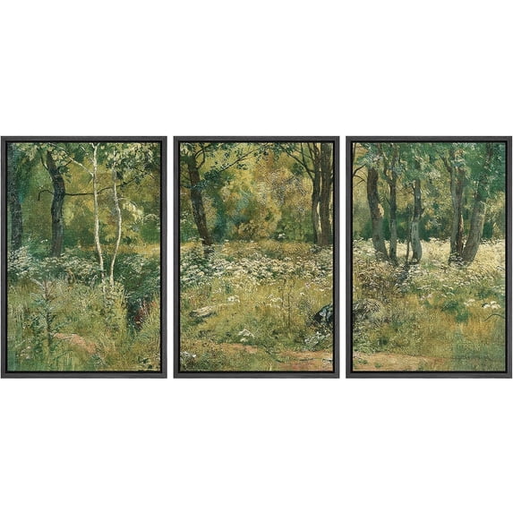 PixonSign Framed Canvas Print Wall Art Set Emerald Green Tree Forest Nature Wilderness Fine Art Illustrations Decorative Multicolor Landscape Rustic Country/Farmhouse for Bedroom - 24"x36"x3 Black