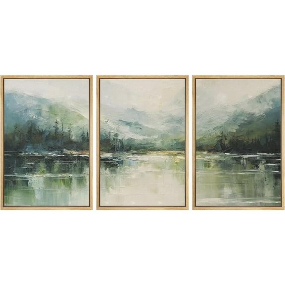 PixonSign Framed Canvas Print Wall Art Set Emerald Green Watercolor Mountain Range Forest Nature Wilderness Illustrations Modern Art Decorative Rustic Relax/Calm Colorful - 24"x36"x3 Natural