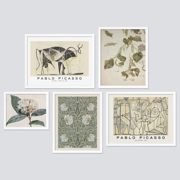 PixonSign Framed Canvas Print Wall Art Set - Famous Painting Poster Fine Art - Flower Botanical Collage Gallery Set of 5 Abstract Picasso Illustrations Wall Décor for Home - White