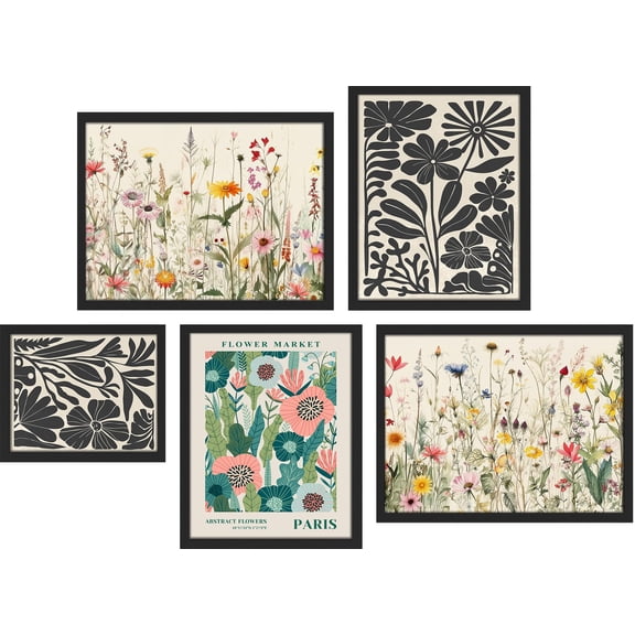 PixonSign Framed Canvas Print Wall Art Set - Flower Market Bouquet Wildflower Poster - Collage Gallery Set of 5 Nature Floral Botanical Illustrations Colorful Wall Décor for Home - Black