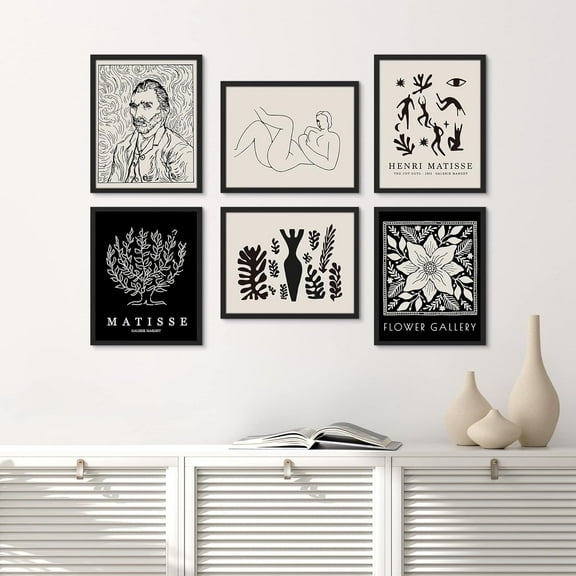 PixonSign Framed Canvas Print Wall Art Set - Flowers & Van Gogh Portrait & Humanities Pattern - Set of 6 Abstract Geometric Black & White Poster Cultural Art Wall Décor - 12"x16"x6 Black