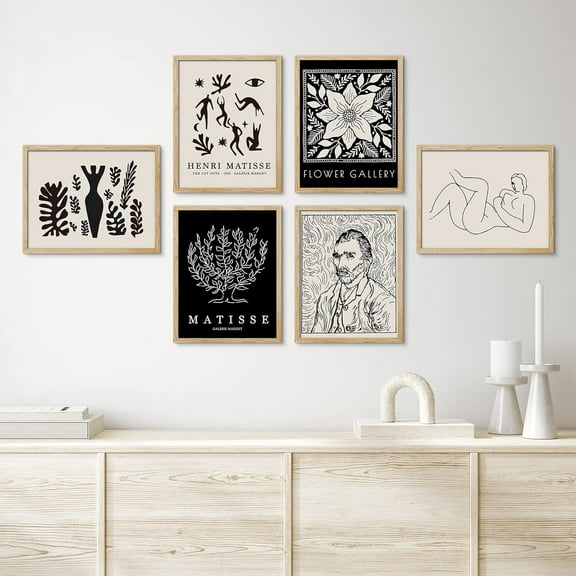 PixonSign Framed Canvas Print Wall Art Set - Flowers & Van Gogh Portrait & Humanities Pattern - Set of 6 Abstract Geometric Black & White Poster Cultural Art Wall Décor - 8"x10"x6 Natural