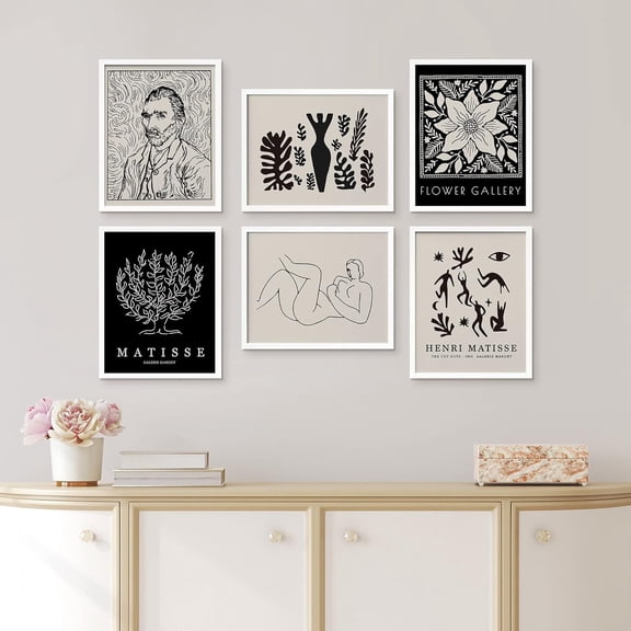 PixonSign Framed Canvas Print Wall Art Set - Flowers & Van Gogh Portrait & Humanities Pattern - Set of 6 Abstract Geometric Black & White Poster Cultural Art Wall Décor - 11"x14"x6 White