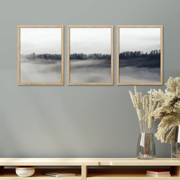 PixonSign Framed Canvas Print Wall Art Set - Fog & Mist Over County Pine Tree Forest Landscape Art - Set of 3 Nature Wilderness Photography Wall Décor for Living Room - 12"x16" Natural