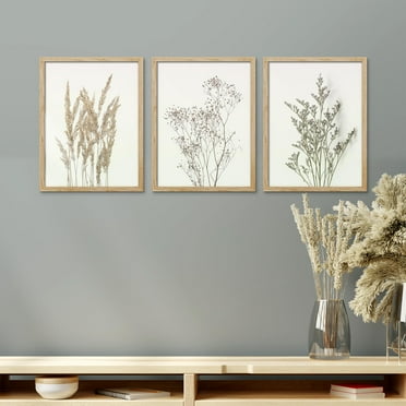 PixonSign Framed Canvas Print Wall Art Set - Forest Flower Plant Collage Posters - Set of 3 Watercolor Nature Wilderness Floral Prints Country Botanical Wall Décor for Living Room - 12"x16" Natural