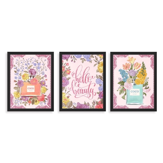 PixonSign Framed Canvas Print Wall Art Set - French Perfume with Flowers Modern Posters - Set of 3 Floral Botanical Urban Illustrations Boho Colorful Wall Décor for Living Room - 12"x16"x3 Black