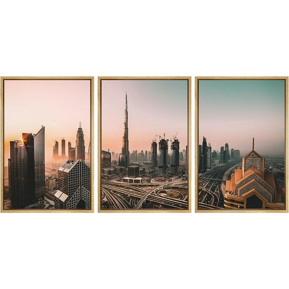 PixonSign Framed Canvas Print Wall Art Set Futuristic Skyscraper Dusk Sunset Cityscape Urban Architecture Photography Realism Scenic Landscape Decorative Colorful for Bedroom - 16"x24"x3 Natural