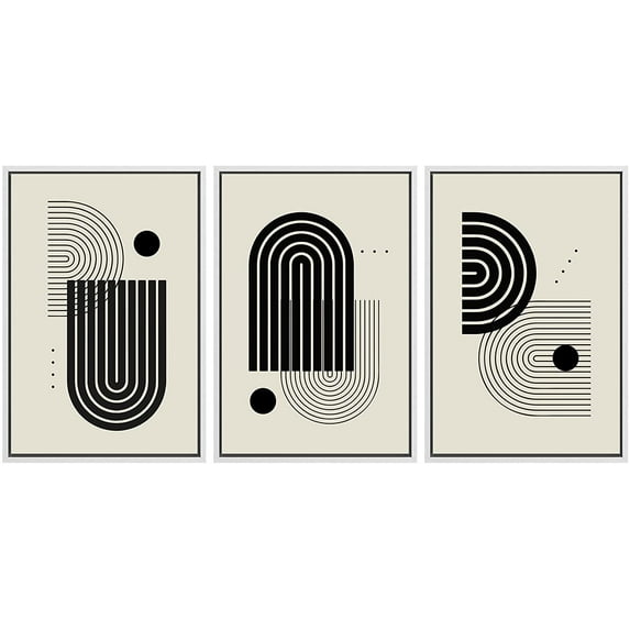 PixonSign Framed Canvas Print Wall Art Set Geometric Black Circle Arch Variety Abstract Shapes Illustrations Modern Art Minimalism Decorative for Living Room, Bedroom, Office - 16"x24"x3 White