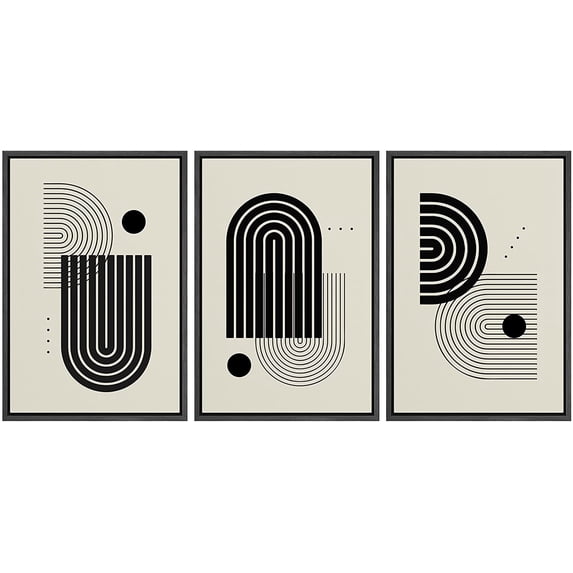 PixonSign Framed Canvas Print Wall Art Set Geometric Black Circle Arch Variety Abstract Shapes Illustrations Modern Art Minimalism Decorative for Living Room, Bedroom, Office - 24"x36"x3 Black