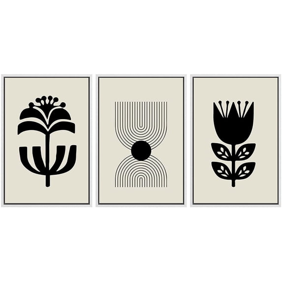 PixonSign Framed Canvas Print Wall Art Set Geometric Dark Floral Botanical Flower Nature Wilderness Illustrations Modern Art Minimalism Decorative for Living Room, Bedroom, Office - 24"x36"x3 White