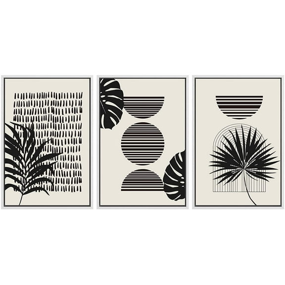 PixonSign Framed Canvas Print Wall Art Set Geometric Dark Mid-Century Palm Leaf Collage Abstract Shapes Illustrations Modern Art Boho Decorative for Living Room, Bedroom, Office - 16"x24"x3 WHITE