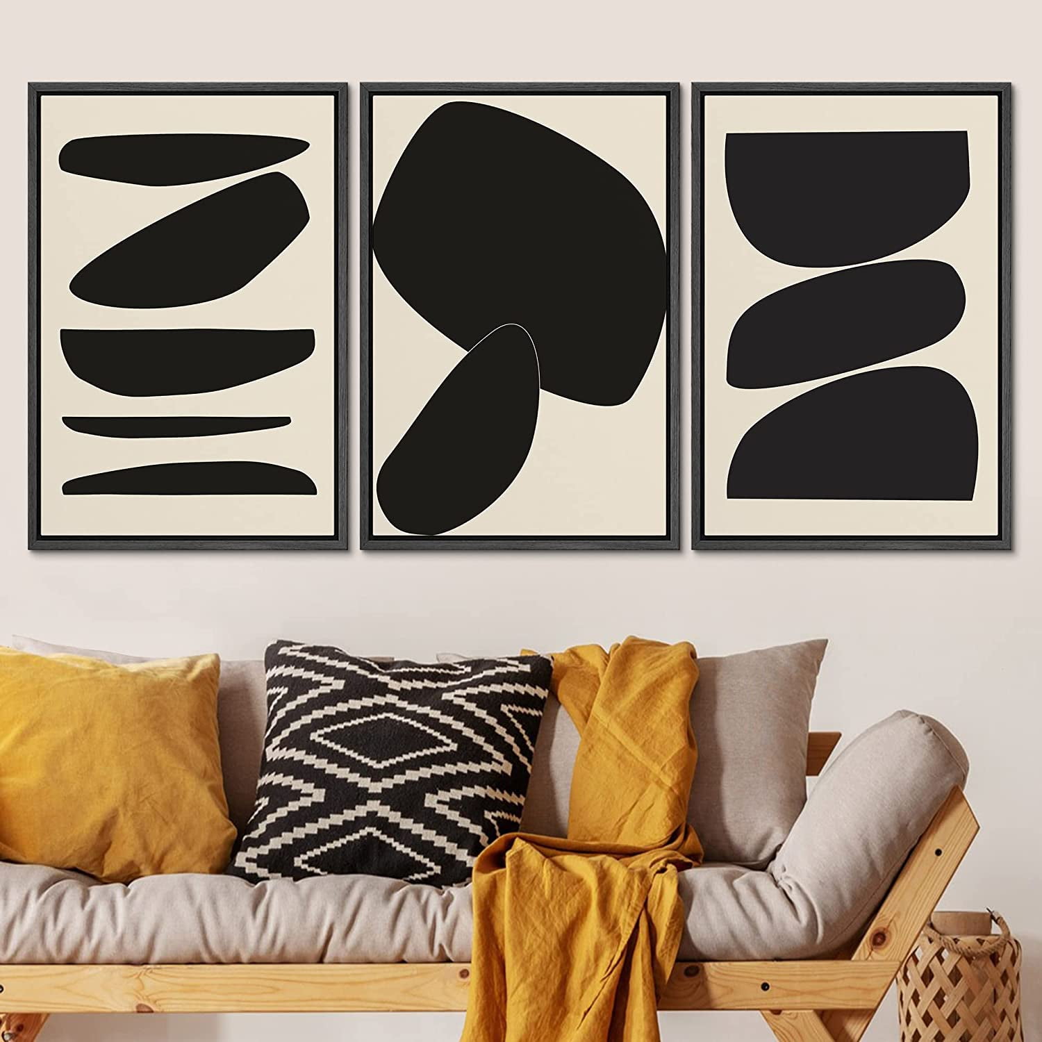 Modern Black and Beige Abstract Canvas Print Set with Plastic Frames