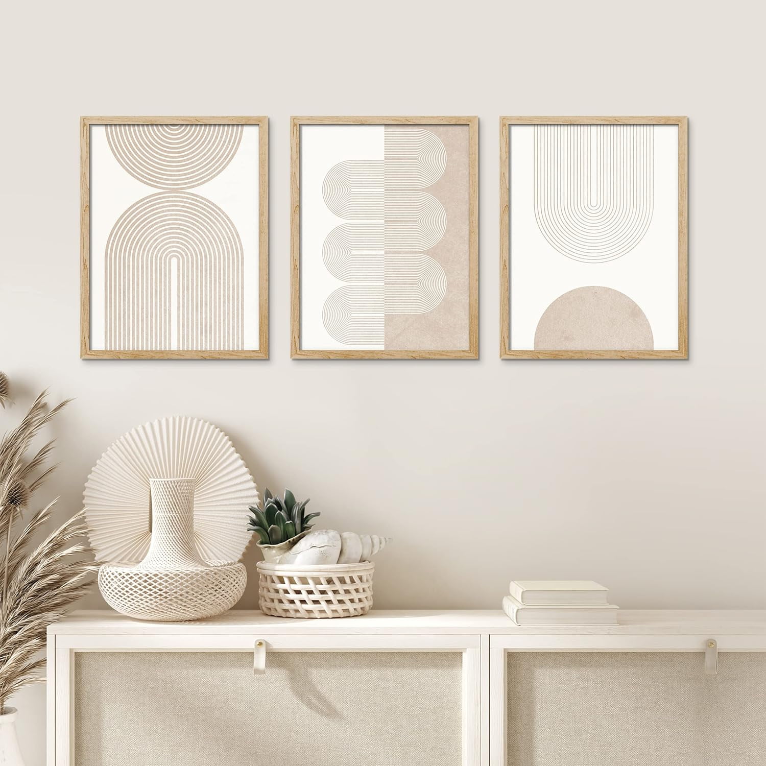 PixonSign Framed Canvas Print Wall Art Set, Geometric Duotone Tan
