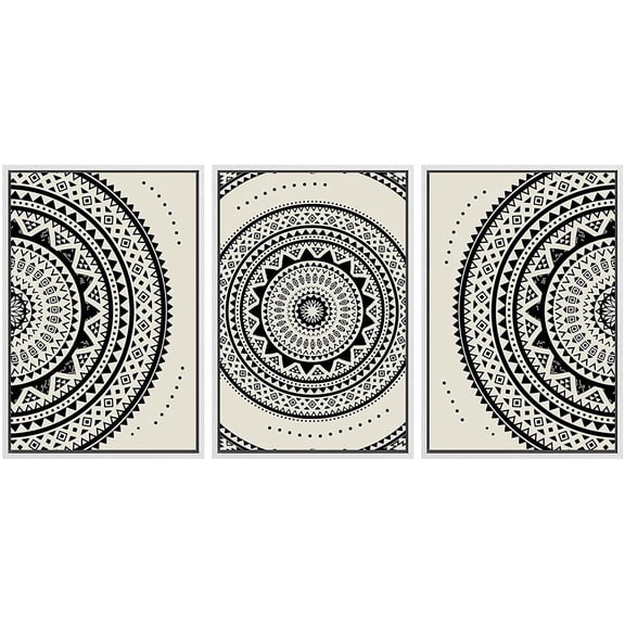 PixonSign Framed Canvas Print Wall Art Set Geometric Indian Mandala Polygon Pattern Abstract Shapes Illustrations Modern Art Minimalism Decorative for Living Room, Bedroom, Office - 24"x36"x3 White