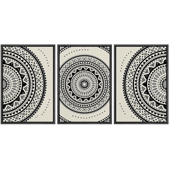 PixonSign Framed Canvas Print Wall Art Set Geometric Indian Mandala Polygon Pattern Abstract Shapes Illustrations Modern Art Minimalism Decorative for Living Room, Bedroom, Office - 24"x36"x3 Black