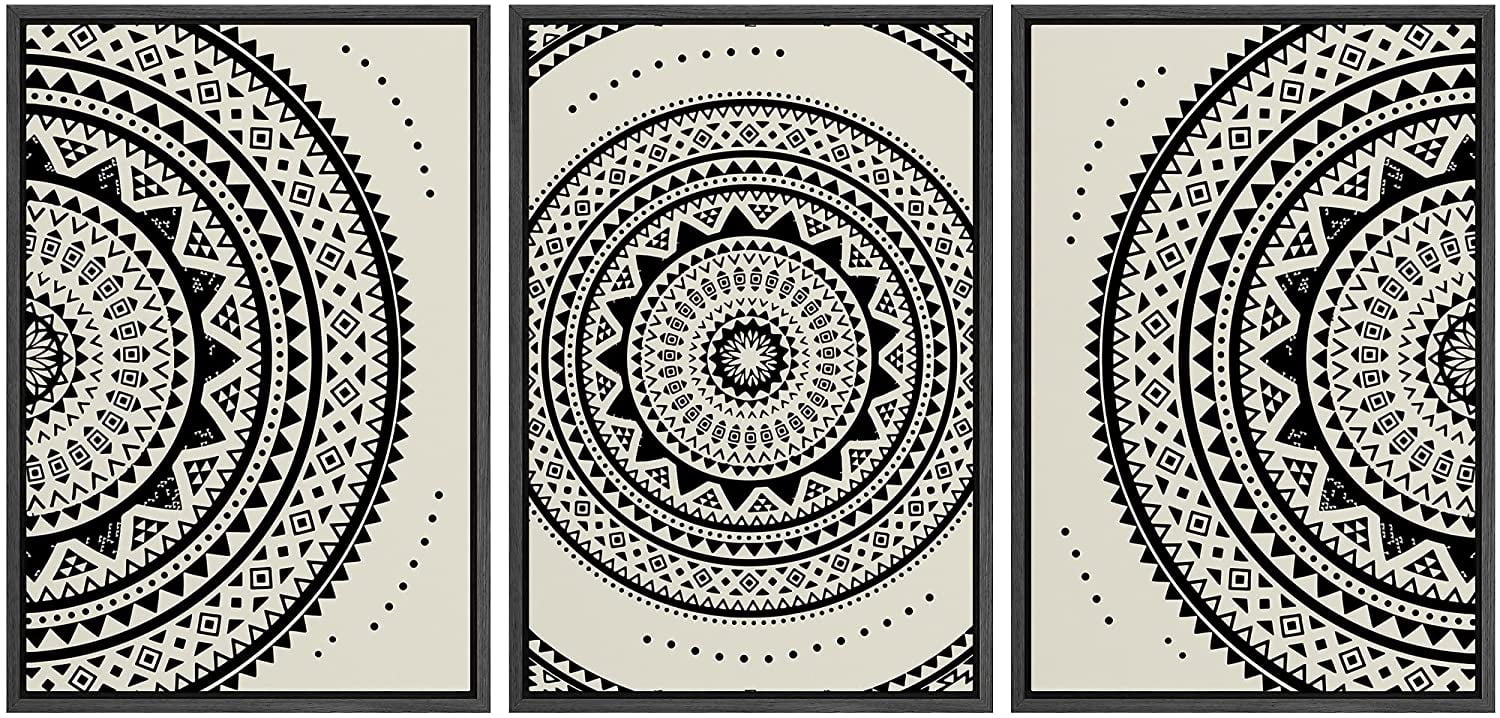 Black and White Geometric Mandala Framed Canvas Art Set
