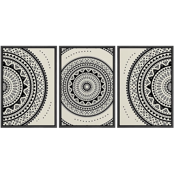 PixonSign Framed Canvas Print Wall Art Set Geometric Indian Mandala Polygon Pattern Abstract Shapes Illustrations Modern Art Minimalism Decorative for Living Room, Bedroom, Office - 16"x24"x3 Black