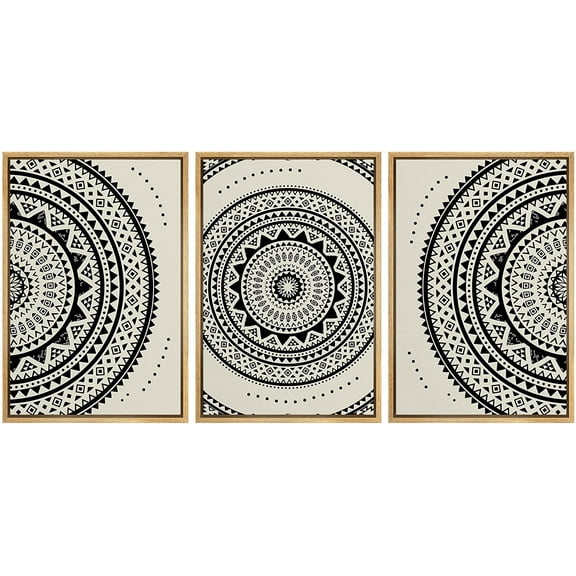 PixonSign Framed Canvas Print Wall Art Set Geometric Indian Mandala Polygon Pattern Abstract Shapes Illustrations Modern Art Minimalism Decorative for Living Room, Bedroom, Office - 24"x36"x3 NATURAL