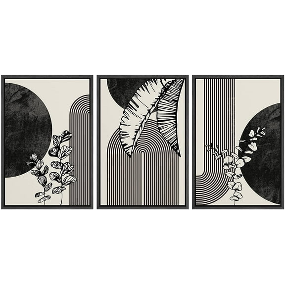 PixonSign Framed Canvas Print Wall Art Set Geometric Mid-Century Banana Forest Leaf Abstract Shapes Illustrations Modern Art Boho Decorative for Living Room, Bedroom, Office - 16"x24"x3 BLACK