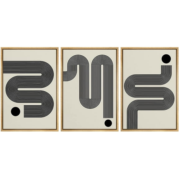 PixonSign Framed Canvas Print Wall Art Set Geometric Mid-Century Circle Wave Landscape Abstract Shapes Illustrations Modern Art Boho Decorative for Living Room, Bedroom, Office - 24"x36"x3 NATURAL