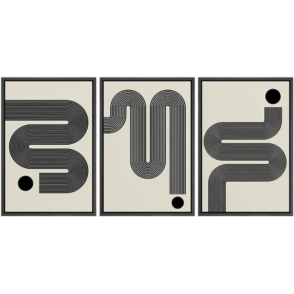 PixonSign Framed Canvas Print Wall Art Set Geometric Mid-Century Circle Wave Landscape Abstract Shapes Illustrations Modern Art Boho Decorative for Living Room, Bedroom, Office - 16"x24"x3 BLACK