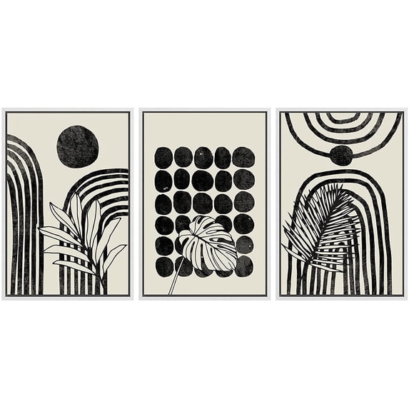 PixonSign Framed Canvas Print Wall Art Set Geometric Mid-Century Jungle Plant Collage Abstract Shapes Illustrations Modern Art Boho Decorative for Living Room, Bedroom, Office - 16"x24"x3 WHITE