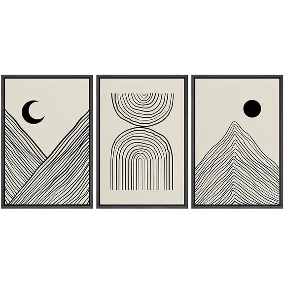 PixonSign Framed Canvas Print Wall Art Set Geometric Mid-Century Mountain Range Landscape Abstract Shapes Illustrations Modern Art Boho Decorative for Living Room, Bedroom, Office - 16"x24"x3 BLACK