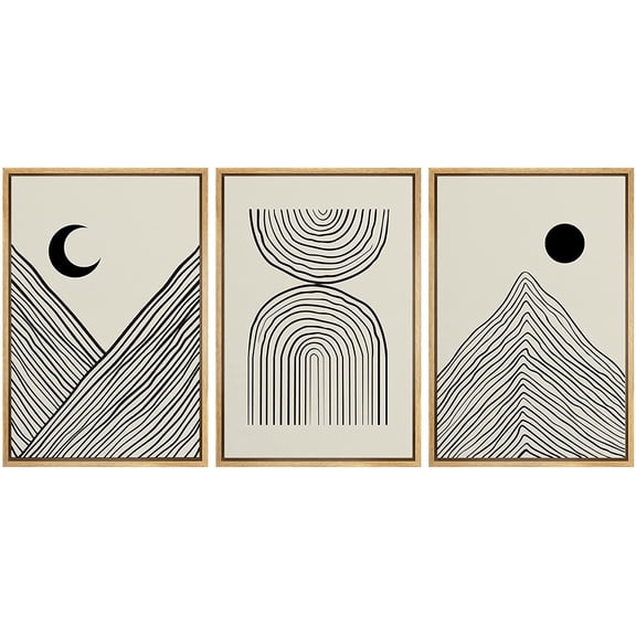 PixonSign Framed Canvas Print Wall Art Set Geometric Mid-Century Mountain Range Landscape Abstract Shapes Illustrations Modern Art Boho Decorative for Living Room, Bedroom, Office - 16"x24"x3 NATURAL